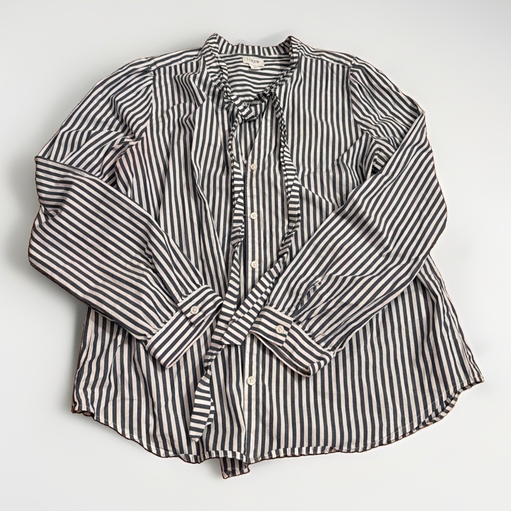 J.Crew Women's Striped Navy/White Button Up Shirt Size M Front Neck Tie